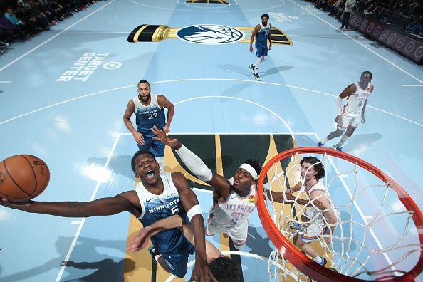 MINNEAPOLIS, MN -  NOVEMBER 28: Anthony Edwards #5 of the Minnesota Timberwolves shoots the ball during the game against the Oklahoma City Thunder during the In-Season Tournament on November 28, 2023 at Target Center in Minneapolis, Minnesota. NOTE TO USER: User expressly acknowledges and agrees that, by downloading and or using this Photograph, user is consenting to the terms and conditions of the Getty Images License Agreement. Mandatory Copyright Notice: Copyright 2023 NBAE (Photo by Jordan Johnson/NBAE via Getty Images)