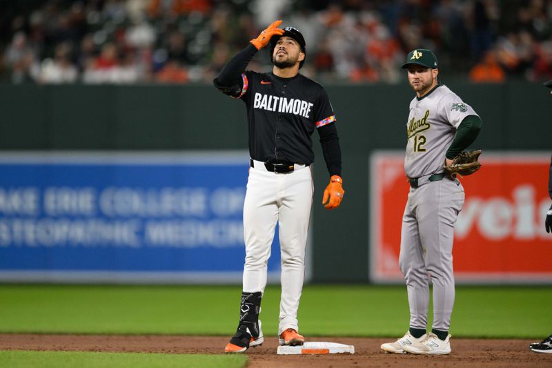 Apr 26, 2024; Baltimore, Maryland, USA; Baltimore Orioles outfielder Anthony Santander (25) reacts during the seventh inning after hitting a double against the Oakland Athletics at Oriole Park at Camden Yards. Mandatory Credit: Reggie Hildred-USA TODAY Sports