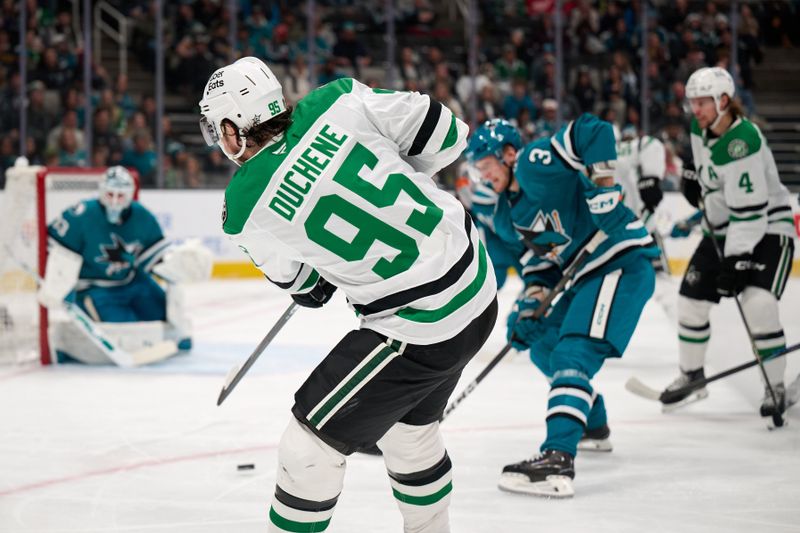 Dec 18, 2025; San Jose, California, USA; Dallas Stars center Matt Duchene (95) shoots the puck against San Jose Sharks goaltender Alex Nedeljkovic (33) during the first period at SAP Center at San Jose. Mandatory Credit: Robert Edwards-Imagn Images