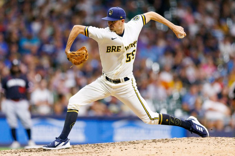 Aug 22, 2023; Milwaukee, Wisconsin, USA;  Milwaukee Brewers pitcher Hoby Milner (55) throws a pitch during the eighth inning against the Minnesota Twins at American Family Field. Mandatory Credit: Jeff Hanisch-USA TODAY Sports