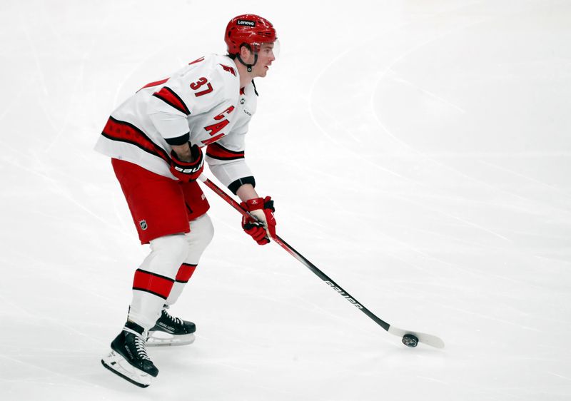 Mar 26, 2024; Pittsburgh, Pennsylvania, USA; Carolina Hurricanes right wing Andrei Svechnikov (37) warms up against the Pittsburgh Penguins at PPG Paints Arena. Mandatory Credit: Charles LeClaire-USA TODAY Sports