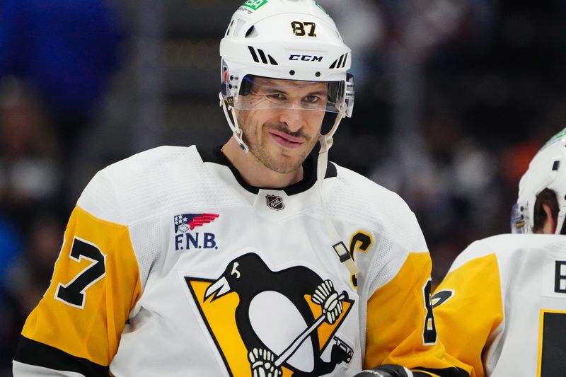 Mar 24, 2024; Denver, Colorado, USA; Pittsburgh Penguins center Sidney Crosby (87) before the game against the Colorado Avalanche at Ball Arena. Mandatory Credit: Ron Chenoy-USA TODAY Sports