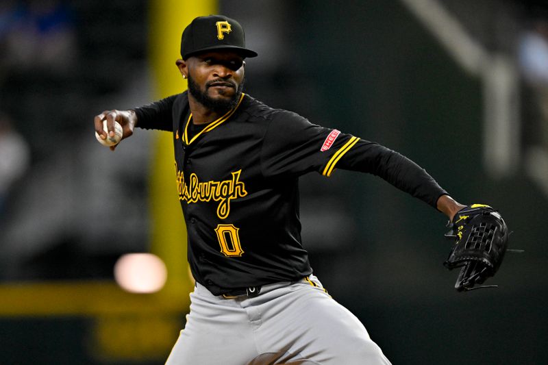 Aug 21, 2024; Arlington, Texas, USA; Pittsburgh Pirates starting pitcher Domingo German (0) pitches against the Texas Rangers during the game at Globe Life Field. Mandatory Credit: Jerome Miron-USA TODAY Sports