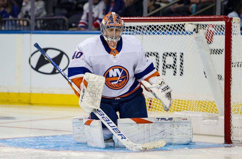 Sep 24, 2024; New York, New York, USA; New York Islanders goalie Semyon Varlamov (40) warms up during the first period against the New York Rangers at Madison Square Garden. Mandatory Credit: Danny Wild-Imagn Images