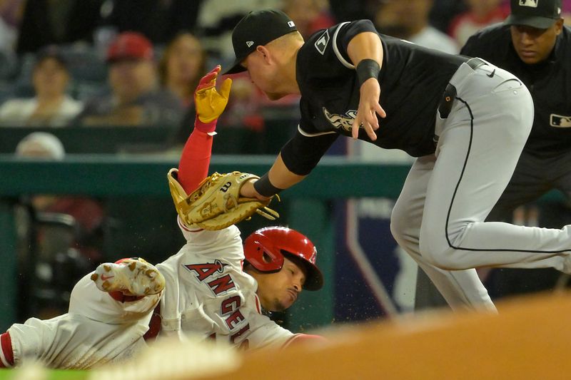 Sep 17, 2024; Anaheim, California, USA;  Los Angeles Angels right fielder Gustavo Campero (51) is tagged out by Chicago White Sox right fielder Gavin Sheets (32) as he dives back to the base in the third inning at Angel Stadium. Mandatory Credit: Jayne Kamin-Oncea-Imagn Images