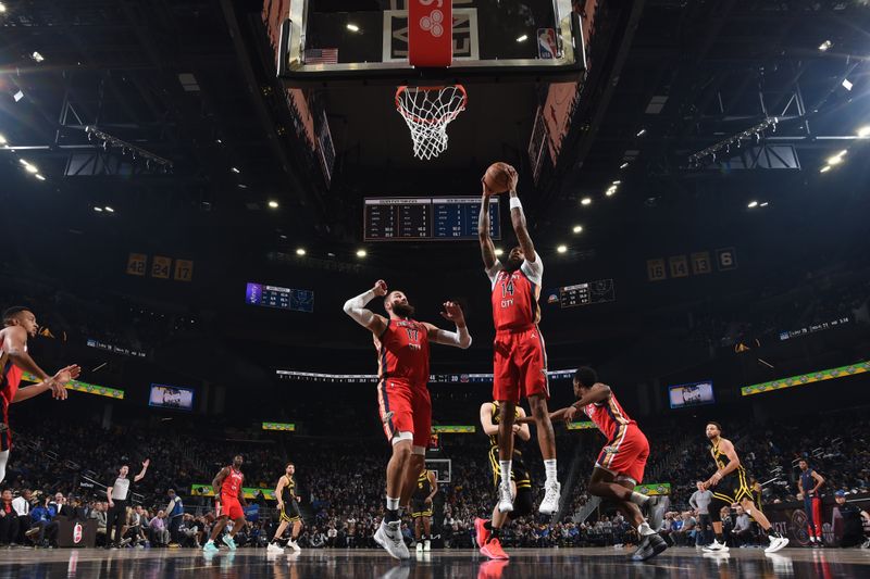 SAN FRANCISCO, CA - JANUARY 10:  Brandon Ingram #14 of the New Orleans Pelicans grabs the rebound during the game on January 10, 2024 at Chase Center in San Francisco, California. NOTE TO USER: User expressly acknowledges and agrees that, by downloading and or using this photograph, user is consenting to the terms and conditions of Getty Images License Agreement. Mandatory Copyright Notice: Copyright 2024 NBAE (Photo by Noah Graham/NBAE via Getty Images)