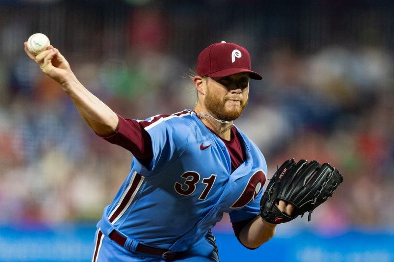 Aug 10, 2023; Philadelphia, Pennsylvania, USA; Philadelphia Phillies relief pitcher Craig Kimbrel (31) throws a pitch during the ninth inning against the Washington Nationals at Citizens Bank Park. Mandatory Credit: Bill Streicher-USA TODAY Sports