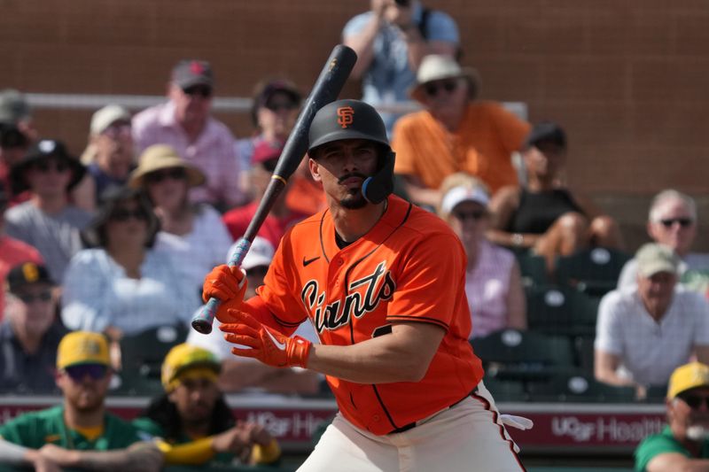 Feb 23, 2026; Scottsdale, Arizona, USA; San Francisco Giants shortstop Willy Adames (2) reacts to a strike call against the Athletics in the third inning at Scottsdale Stadium. Mandatory Credit: Rick Scuteri-Imagn Images