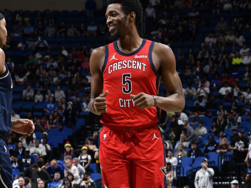 ORLANDO, FL - MARCH 21: Herb Jones #5 of the New Orleans Pelicans smiles during the game against the Orlando Magic on March 21, 2024 at Amway Center in Orlando, Florida. NOTE TO USER: User expressly acknowledges and agrees that, by downloading and or using this photograph, User is consenting to the terms and conditions of the Getty Images License Agreement. Mandatory Copyright Notice: Copyright 2024 NBAE (Photo by Fernando Medina/NBAE via Getty Images)