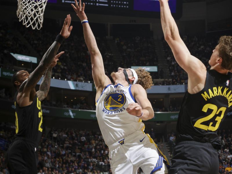 SALT LAKE CITY, UT - OCTOBER 25: Brandin Podziemski #2 of the Golden State Warriors shoots the ball during the game on October 25, 2024 at Delta Center in Salt Lake City, Utah. NOTE TO USER: User expressly acknowledges and agrees that, by downloading and or using this Photograph, User is consenting to the terms and conditions of the Getty Images License Agreement. Mandatory Copyright Notice: Copyright 2024 NBAE (Photo by Melissa Majchrzak/NBAE via Getty Images)