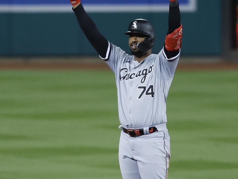 Sep 18, 2023; Washington, District of Columbia, USA; Chicago White Sox designated hitter Eloy Jimenez (74) gestures to his dugout after hitting a double against the Washington Nationals during the ninth inning at Nationals Park. Mandatory Credit: Geoff Burke-USA TODAY Sports