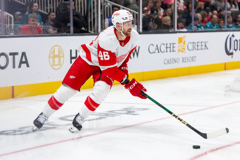 Nov 18, 2024; San Jose, California, USA; Detroit Red Wings defenseman Jeff Petry (46) skates with the puck during the second period against the San Jose Sharks at SAP Center at San Jose. Mandatory Credit: Bob Kupbens-Imagn Images