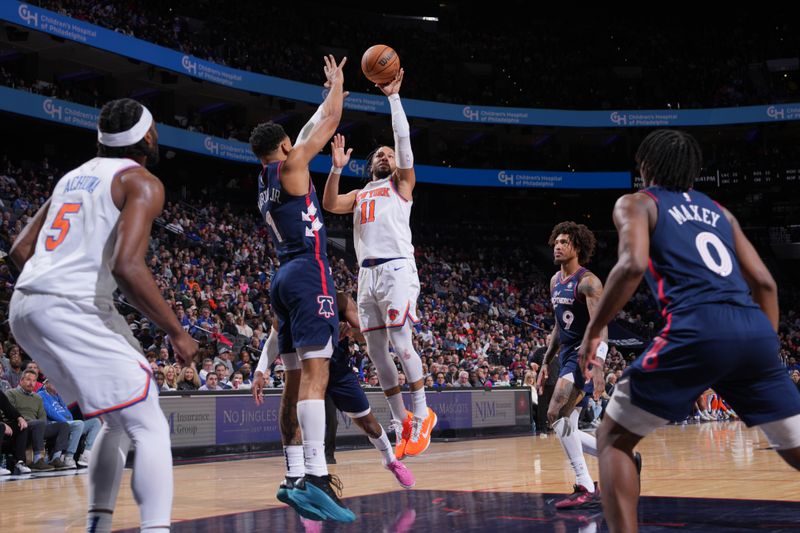 PHILADELPHIA, PA - FEBRUARY 22: Jalen Brunson #11 of the New York Knicks drives to the basket during the game against the Philadelphia 76ers on February 22, 2024 at the Wells Fargo Center in Philadelphia, Pennsylvania NOTE TO USER: User expressly acknowledges and agrees that, by downloading and/or using this Photograph, user is consenting to the terms and conditions of the Getty Images License Agreement. Mandatory Copyright Notice: Copyright 2024 NBAE (Photo by Jesse D. Garrabrant/NBAE via Getty Images)