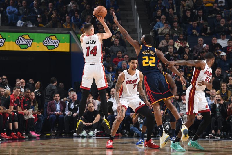 SAN FRANCISCO, CA - JANUARY 7: Tyler Herro #14 of the Miami Heat shoots the ball during the game against the Golden State Warriors on January 7, 2025 at Chase Center in San Francisco, California. NOTE TO USER: User expressly acknowledges and agrees that, by downloading and or using this photograph, user is consenting to the terms and conditions of Getty Images License Agreement. Mandatory Copyright Notice: Copyright 2025 NBAE (Photo by Noah Graham/NBAE via Getty Images)