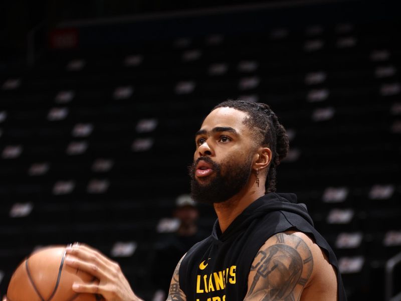 WASHINGTON, DC -? APRIL 4: D'Angelo Russell #1 of the Los Angeles Lakers warms up before the game against the Washington Wizards on April 4, 2024 at Capital One Arena in Washington, DC. NOTE TO USER: User expressly acknowledges and agrees that, by downloading and or using this Photograph, user is consenting to the terms and conditions of the Getty Images License Agreement. Mandatory Copyright Notice: Copyright 2024 NBAE (Photo by Kenny Giarla/NBAE via Getty Images)