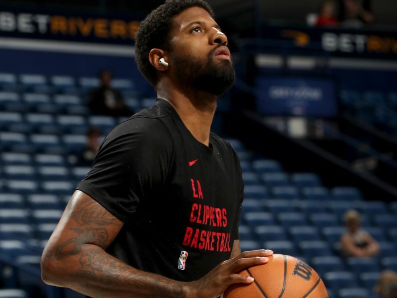 NEW ORLEANS, LA - MARCH 15: Paul George #13 of the LA Clippers warms up before the game against the New Orleans Pelicans on March 15, 2024 at the Smoothie King Center in New Orleans, Louisiana. NOTE TO USER: User expressly acknowledges and agrees that, by downloading and or using this Photograph, user is consenting to the terms and conditions of the Getty Images License Agreement. Mandatory Copyright Notice: Copyright 2024 NBAE (Photo by Layne Murdoch Jr./NBAE via Getty Images)