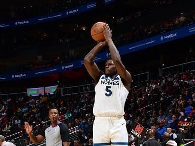 ATLANTA, GA - OCTOBER 30: Anthony Edwards #5 of the Minnesota Timberwolves shoots a three point basket against the Atlanta Hawks on October 30, 2023 at State Farm Arena in Atlanta, Georgia.  NOTE TO USER: User expressly acknowledges and agrees that, by downloading and/or using this Photograph, user is consenting to the terms and conditions of the Getty Images License Agreement. Mandatory Copyright Notice: Copyright 2023 NBAE (Photo by Scott Cunningham/NBAE via Getty Images)