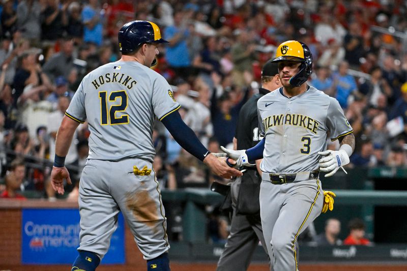 Aug 21, 2024; St. Louis, Missouri, USA;  Milwaukee Brewers third baseman Joey Ortiz (3) is congratulated by first baseman Rhys Hoskins (12) after scoring against the St. Louis Cardinals during the seventh inning at Busch Stadium. Mandatory Credit: Jeff Curry-USA TODAY Sports