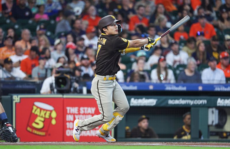 Sep 10, 2023; Houston, Texas, USA; San Diego Padres second baseman Ha-Seong Kim (7) bats during the first inning against the Houston Astros at Minute Maid Park. Mandatory Credit: Troy Taormina-USA TODAY Sports