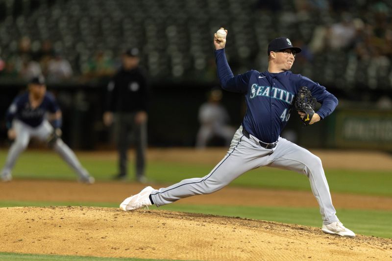 Sep 3, 2024; Oakland, California, USA; Seattle Mariners pitcher Trent Thornton (46) delivers a pitch against the Oakland Athletics during the ninth inning at Oakland-Alameda County Coliseum. Mandatory Credit: D. Ross Cameron-Imagn Images