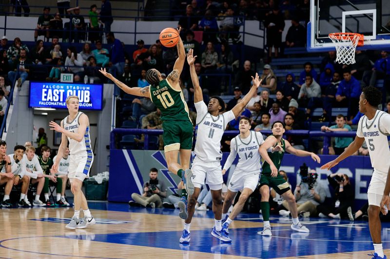 Mar 9, 2024; Colorado Springs, Colorado, USA; Colorado State Rams guard Nique Clifford (10) is fouled by Air Force Falcons guard Byron Brown (11) in the second half at Clune Arena. Mandatory Credit: Isaiah J. Downing-USA TODAY Sports