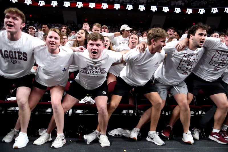 Jan 18, 2023; College Station, Texas, USA; Texas A&M Aggies students cheer in the stands prior to a game against the Florida Gators at Reed Arena. Mandatory Credit: Erik Williams-USA TODAY Sports
