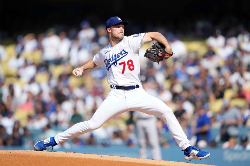 Jun 3, 2023; Los Angeles, California, USA; Los Angeles Dodgers pitcher Michael Grove (78) throws in the first inning against the New York Yankees at Dodger Stadium. Mandatory Credit: Kirby Lee-USA TODAY Sports