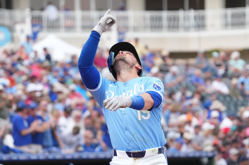 Mar 6, 2024; Surprise, Arizona, USA; Kansas City Royals second baseman Michael Massey (19) reacts after hitting a solo home run against the Seattle Mariners during the second inning at Surprise Stadium. Mandatory Credit: Joe Camporeale-USA TODAY Sports