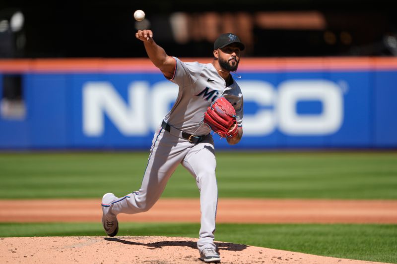 Aug 31, 2025; New York City, New York, USA; New York Mets pitcher Kodai Senga (34) delivers a pitch against the Miami Marlins during the third inning at Citi Field. Mandatory Credit: Gregory Fisher-Imagn Images
