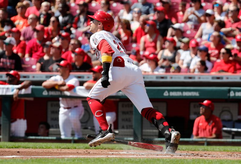 Sep 3, 2023; Cincinnati, Ohio, USA; Cincinnati Reds left fielder TJ Friedl (29) runs after hitting a solo home run against the Chicago Cubs during the first inning at Great American Ball Park. Mandatory Credit: David Kohl-USA TODAY Sports