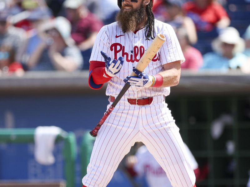 Mar 14, 2024; Clearwater, Florida, USA;  Philadelphia Phillies center fielder Brandon Marsh (16) steps up to bat against the Boston Red Sox in the sixth inning at BayCare Ballpark. Mandatory Credit: Nathan Ray Seebeck-USA TODAY Sports