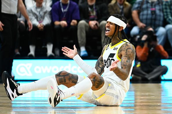 SALT LAKE CITY, UTAH - NOVEMBER 02: Jordan Clarkson #00 of the Utah Jazz reacts to a play during the second half of a game against the Orlando Magic at Delta Center on November 02, 2023 in Salt Lake City, Utah. NOTE TO USER: User expressly acknowledges and agrees that, by downloading and or using this photograph, User is consenting to the terms and conditions of the Getty Images License Agreement.  (Photo by Alex Goodlett/Getty Images)