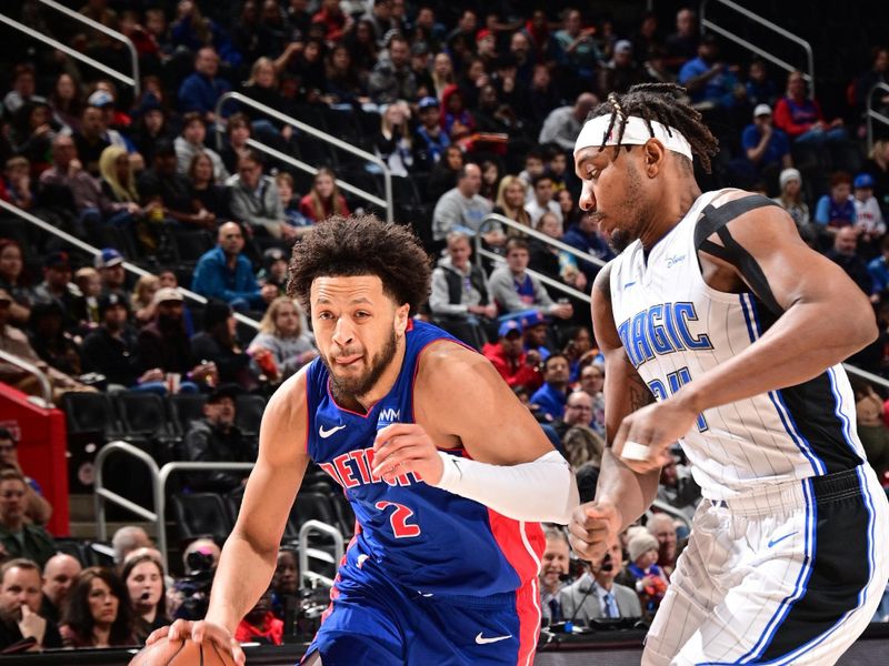 DETROIT, MI - FEBRUARY 4: Cade Cunningham #2 of the Detroit Pistons handles the ball during the game  against the Orlando Magic on February 4, 2024 at Little Caesars Arena in Detroit, Michigan. NOTE TO USER: User expressly acknowledges and agrees that, by downloading and/or using this photograph, User is consenting to the terms and conditions of the Getty Images License Agreement. Mandatory Copyright Notice: Copyright 2024 NBAE (Photo by Chris Schwegler/NBAE via Getty Images)