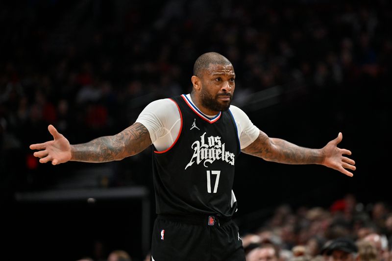 PORTLAND, OREGON - MARCH 22: P.J. Tucker #17 of the LA Clippers reacts to a call during the second quarter of the game against the Portland Trail Blazers at the Moda Center on March 22, 2024 in Portland, Oregon. The LA Clippers won 125-117. NOTE TO USER: User expressly acknowledges and agrees that, by downloading and or using this photograph, User is consenting to the terms and conditions of the Getty Images License Agreement. (Photo by Alika Jenner/Getty Images)