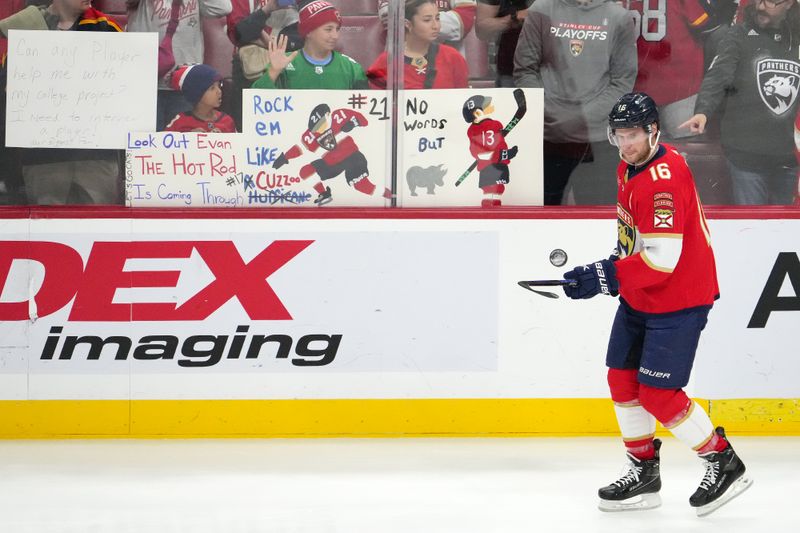 Nov 10, 2023; Sunrise, Florida, USA; Florida Panthers center Aleksander Barkov (16) warms up prior to the game against the Carolina Hurricanes at Amerant Bank Arena. Mandatory Credit: Jasen Vinlove-USA TODAY Sports