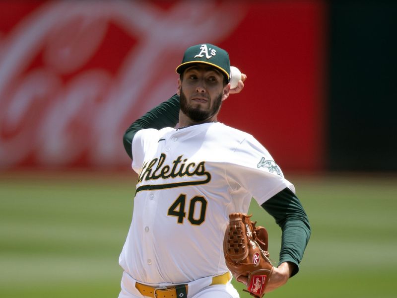 Jun 20, 2024; Oakland, California, USA; Oakland Athletics starting pitcher Mitch Spence (40) delivers a pitch against the Kansas City Royals during the first inning at Oakland-Alameda County Coliseum. Mandatory Credit: D. Ross Cameron-USA TODAY Sports