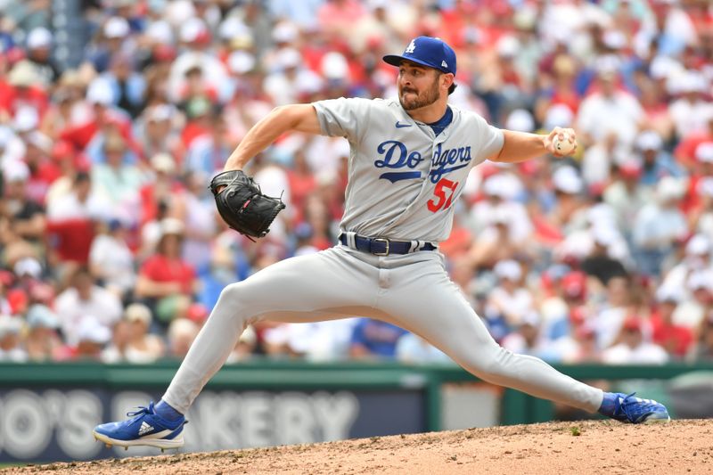 Jun 11, 2023; Philadelphia, Pennsylvania, USA; Los Angeles Dodgers relief pitcher Alex Vesia (51) throws a pitch against the Philadelphia Phillies during the sixth inning at Citizens Bank Park. Mandatory Credit: Eric Hartline-USA TODAY Sports