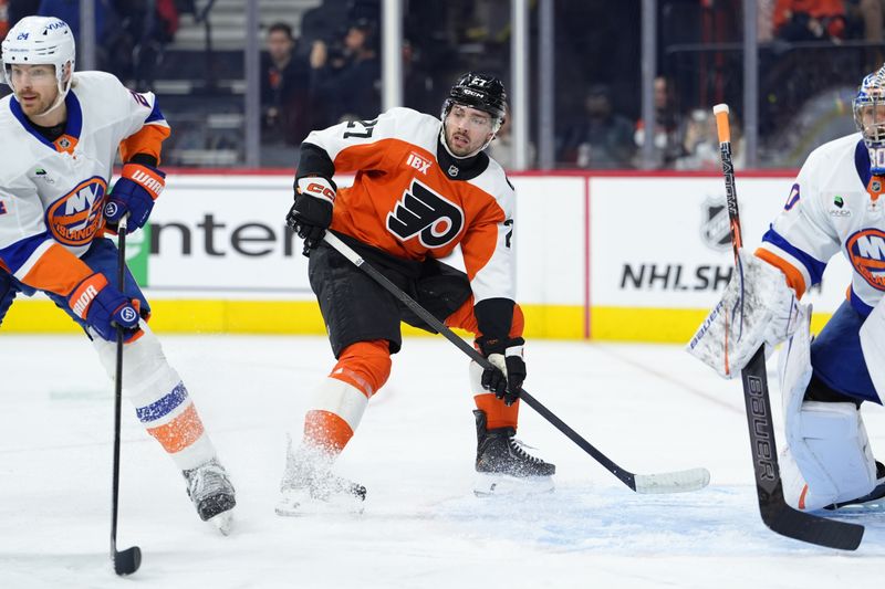 Jan 26, 2026; Philadelphia, Pennsylvania, USA; Philadelphia Flyers left wing Noah Cates (27) in action against the New York Islanders in the first period at Xfinity Mobile Arena. Mandatory Credit: Kyle Ross-Imagn Images