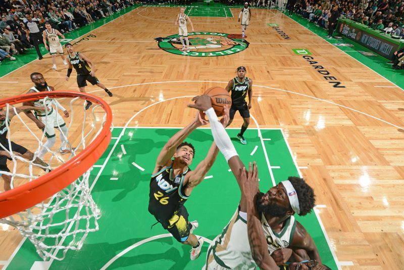 BOSTON, MA - JANUARY 30: Ben Sheppard #26 of the Indiana Pacers rebounds the ball during the game against the Boston Celtics on January 30, 2024 at the TD Garden in Boston, Massachusetts. NOTE TO USER: User expressly acknowledges and agrees that, by downloading and or using this photograph, User is consenting to the terms and conditions of the Getty Images License Agreement. Mandatory Copyright Notice: Copyright 2024 NBAE  (Photo by Brian Babineau/NBAE via Getty Images)