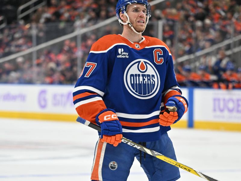 Nov 25, 2025; Edmonton, Alberta, CAN; Edmonton Oilers centre Connor McDavid (97) is seen out on the ice during the first period at Rogers Place. Mandatory Credit: Walter Tychnowicz-Imagn Images