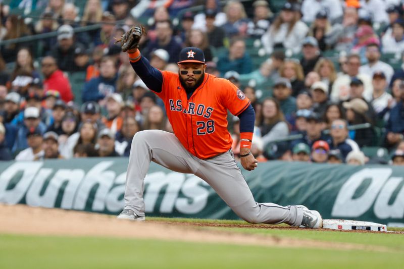 May 11, 2024; Detroit, Michigan, USA; Houston Astros first base Jon Singleton (28) catches the ball for an out at first against the Detroit Tigers at Comerica Park. Mandatory Credit: Brian Bradshaw Sevald-USA TODAY Sports