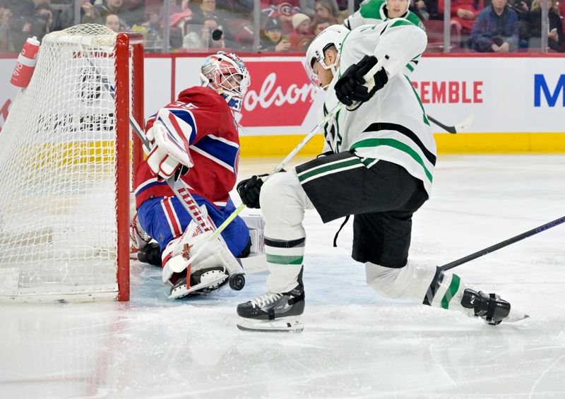 Feb 10, 2024; Montreal, Quebec, CAN; Montreal Canadiens goalie Sam Montembeault (35) makes a toe save against Dallas Stars forward Joe Pavelski (16) during the first period at the Bell Centre. Mandatory Credit: Eric Bolte-USA TODAY Sports