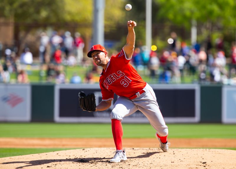 Mar 14, 2024; Phoenix, Arizona, USA; Los Angeles Angels pitcher Tyler Anderson against the Chicago White Sox during a spring training baseball game at Camelback Ranch-Glendale. Mandatory Credit: Mark J. Rebilas-USA TODAY Sports