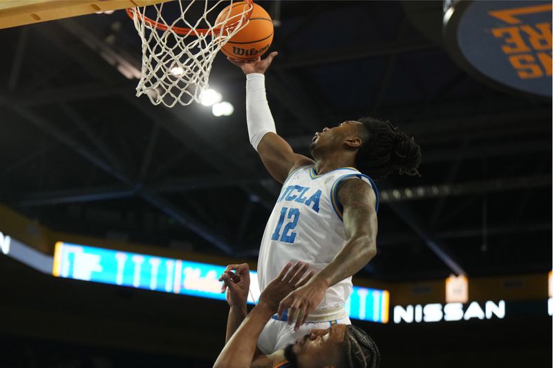 Nov 30, 2023; Los Angeles, California, USA; UCLA Bruins guard Sebastian Mack (12) shoots the ball against the UC Riverside Highlanders in the second half at Pauley Pavilion presented by Wescom. Mandatory Credit: Kirby Lee-USA TODAY Sports