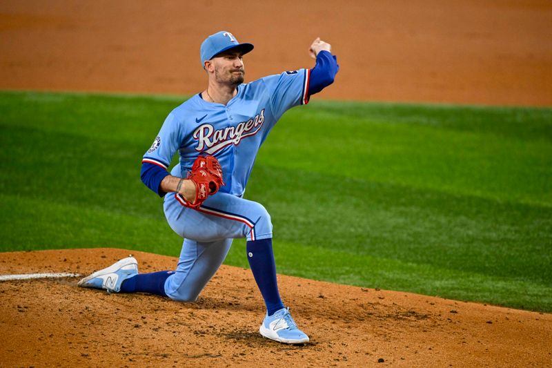 Sep 22, 2024; Arlington, Texas, USA; Texas Rangers starting pitcher Andrew Heaney (44) pitches against the Seattle Mariners during the third inning at Globe Life Field. Mandatory Credit: Jerome Miron-Imagn Images