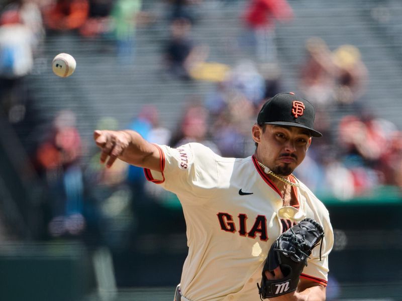 Apr 10, 2024; San Francisco, California, USA; San Francisco Giants starting pitcher Jordan Hicks (12) throws a pitch against the Washington Nationals during the first inning at Oracle Park. Mandatory Credit: Robert Edwards-USA TODAY Sports