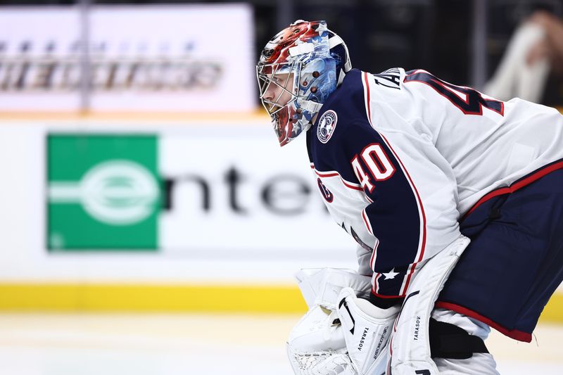 Oct 26, 2024; Nashville, Tennessee, USA; Columbus Blue Jackets goaltender Daniil Tarasov (40) waits for a puck in the third period against the Nashville Predators at Bridgestone Arena. Mandatory Credit: Casey Gower-Imagn Images