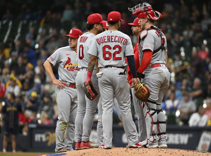 Sep 28, 2023; Milwaukee, Wisconsin, USA; St. Louis Cardinals manager Oliver Marmol (37) changes pitchers against the Milwaukee Brewers in the seventh inning at American Family Field. Mandatory Credit: Michael McLoone-USA TODAY Sports