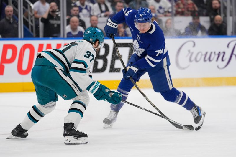 Mar 3, 2025; Toronto, Ontario, CAN; San Jose Sharks defenseman Timothy Liljegren (37) knocks the puck away from Toronto Maple Leafs forward Bobby McMann (74) during the first period at Scotiabank Arena. Mandatory Credit: John E. Sokolowski-Imagn Images