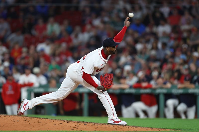 Jun 3, 2025; Boston, Massachusetts, USA; Boston Red Sox relief pitcher Aroldis Chapman (44) delivers a pitch during the ninth inning against the Los Angeles Angels at Fenway Park. Mandatory Credit: Paul Rutherford-Imagn Images